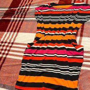 Dress with white orange black red and pink tripes